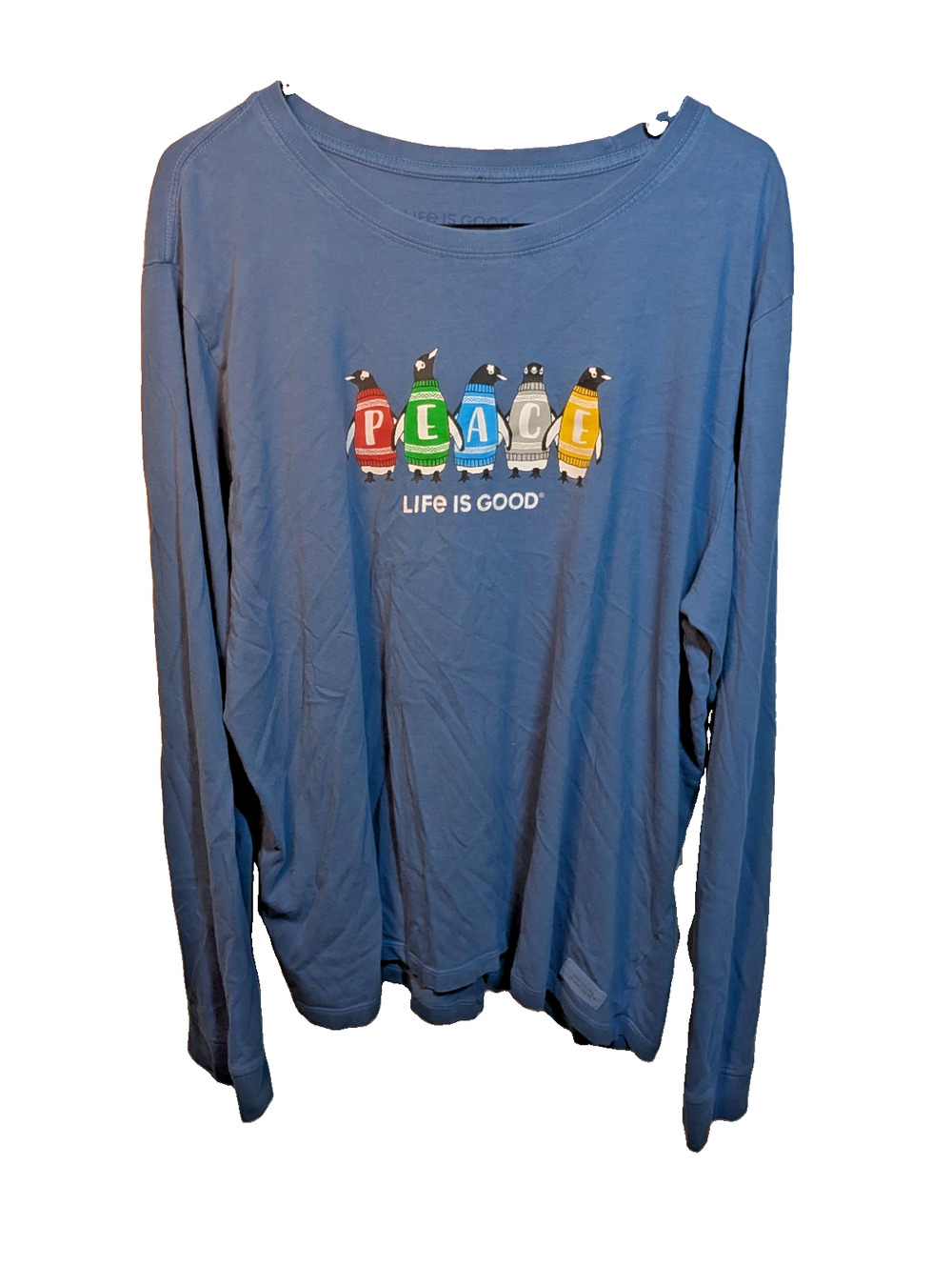 Life Is Good Crusher Shirt 2XL XXL Blue Cotton Penguin Peace Pullover Tee Top